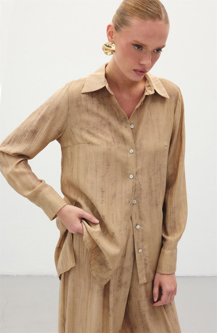 Sateen Chemise Ample Imprimée - camel