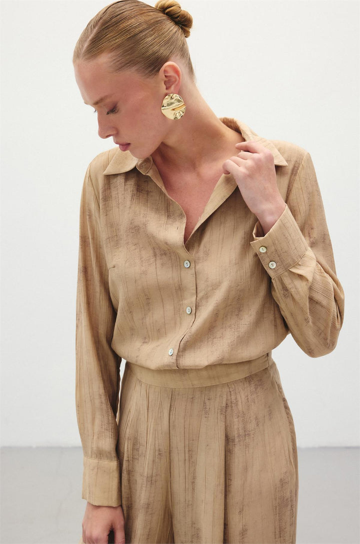 Sateen Chemise Ample Imprimée - camel