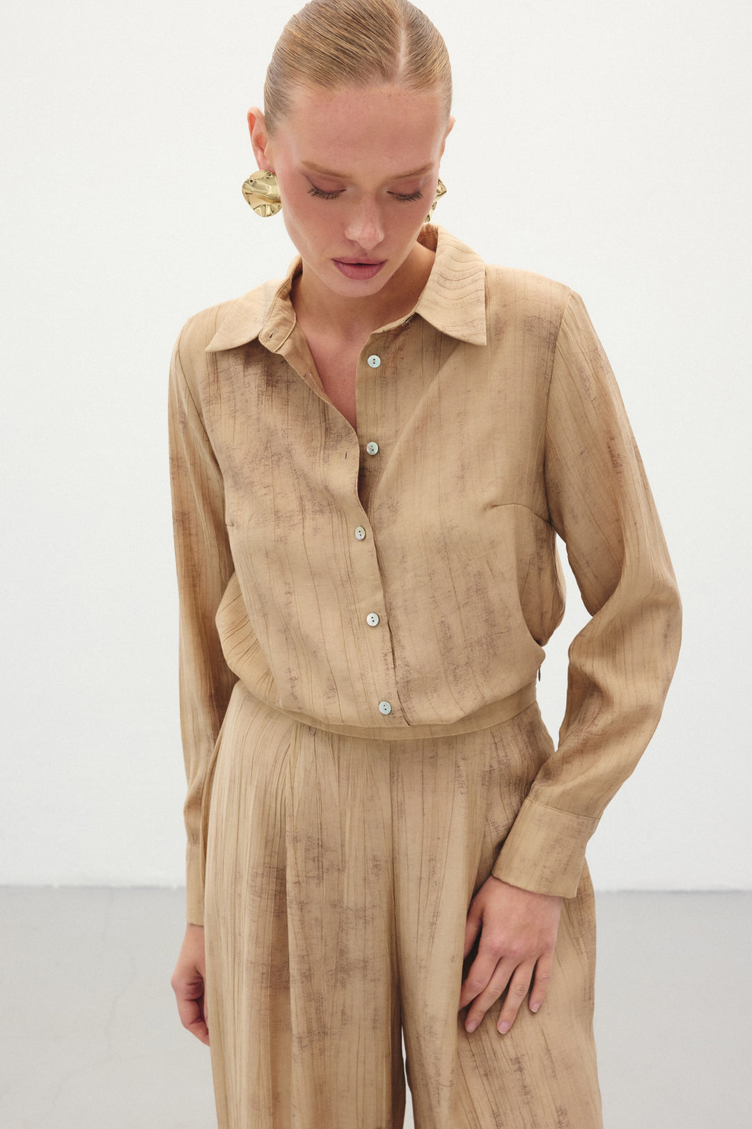 Sateen Chemise Ample Imprimée - camel