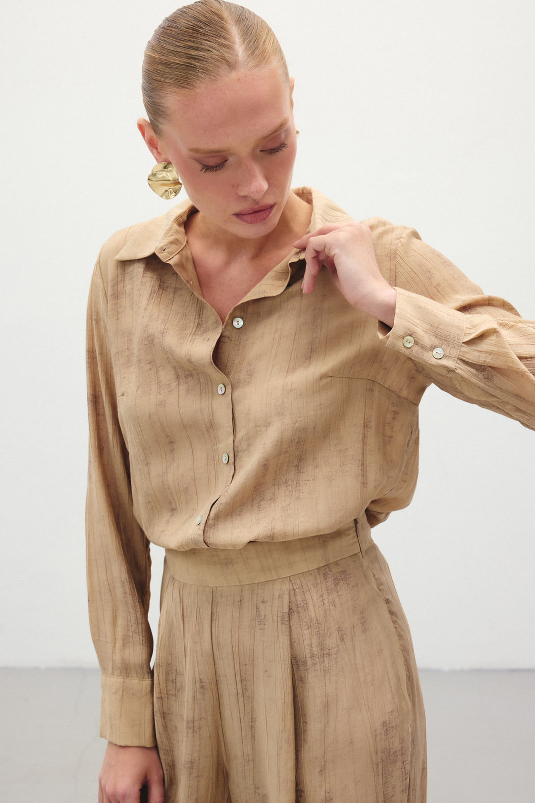 Sateen Chemise Ample Imprimée - camel