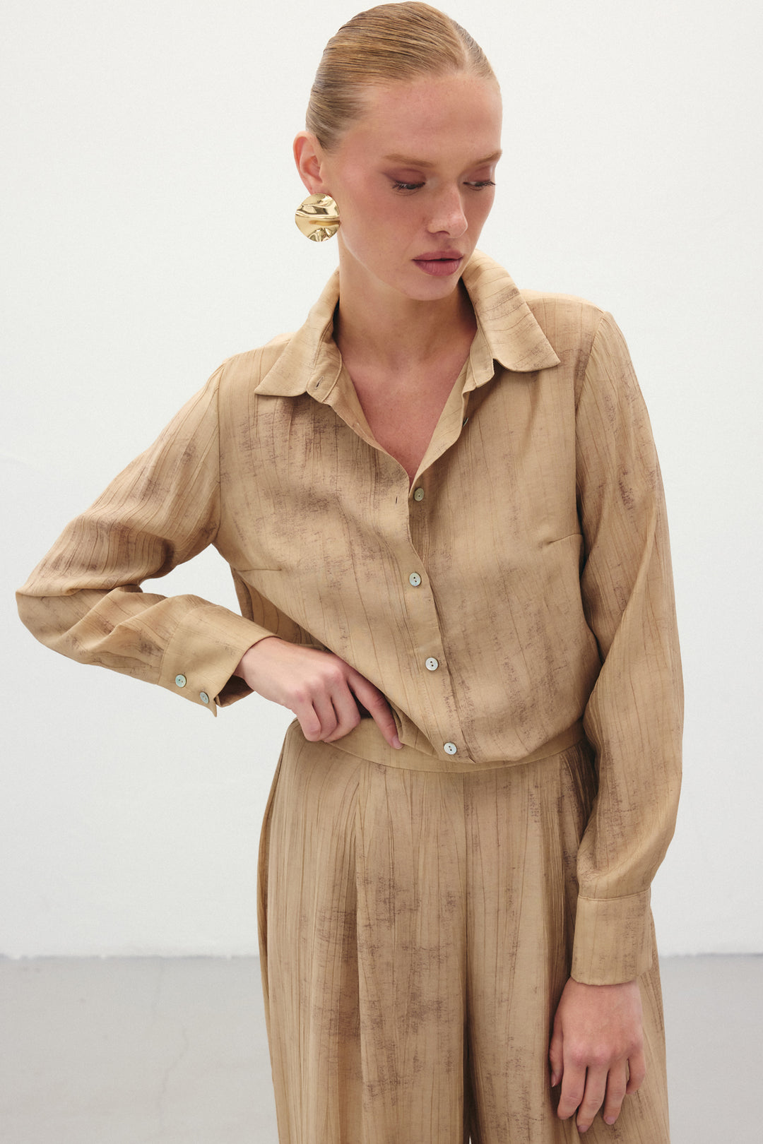 Sateen Chemise Ample Imprimée - camel