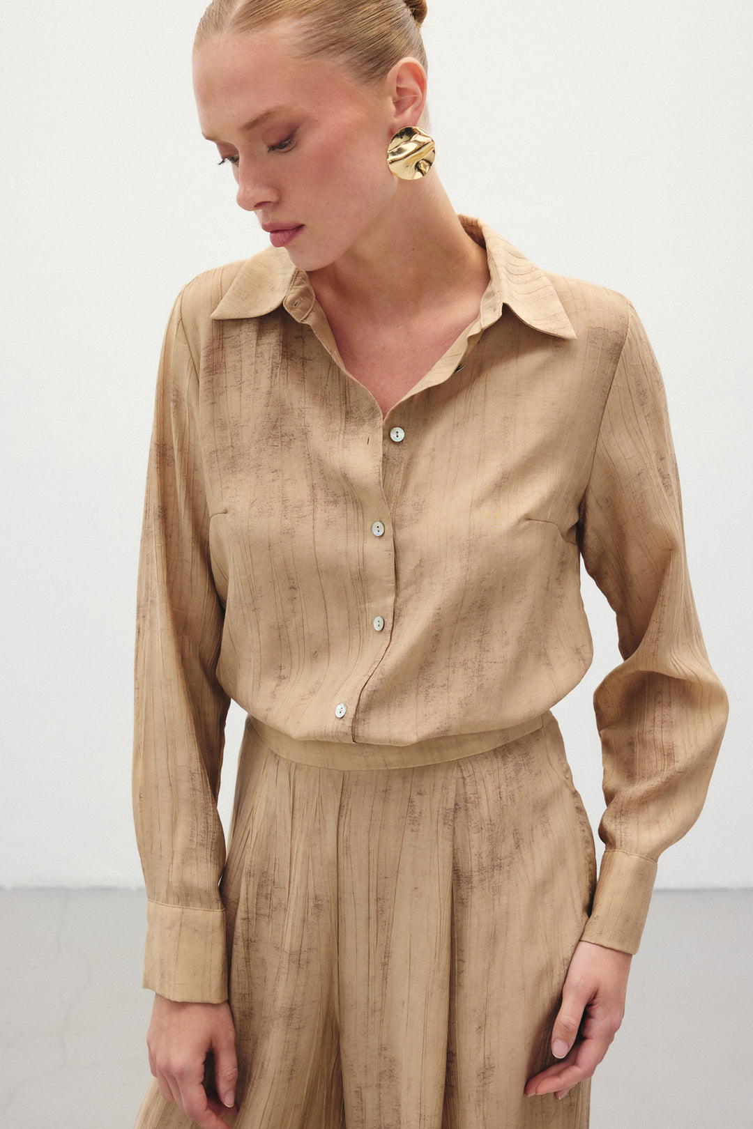 Sateen Chemise Ample Imprimée - camel