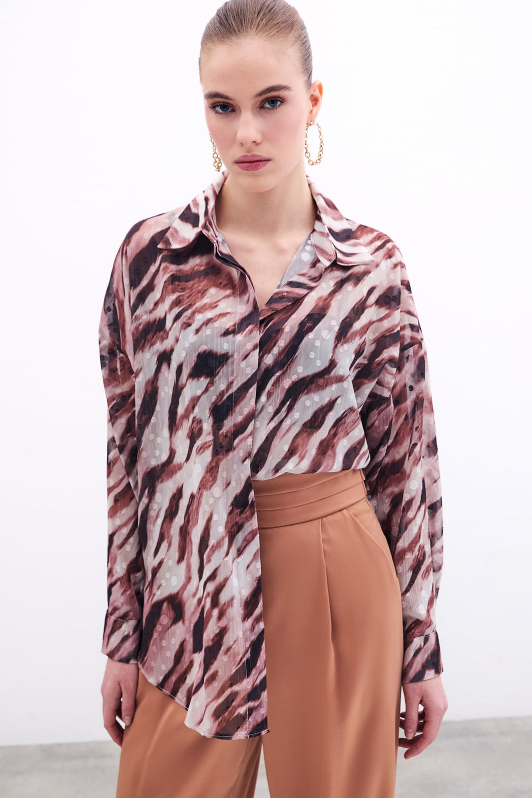 Sateen Chemise Ample Imprimée - Marron
