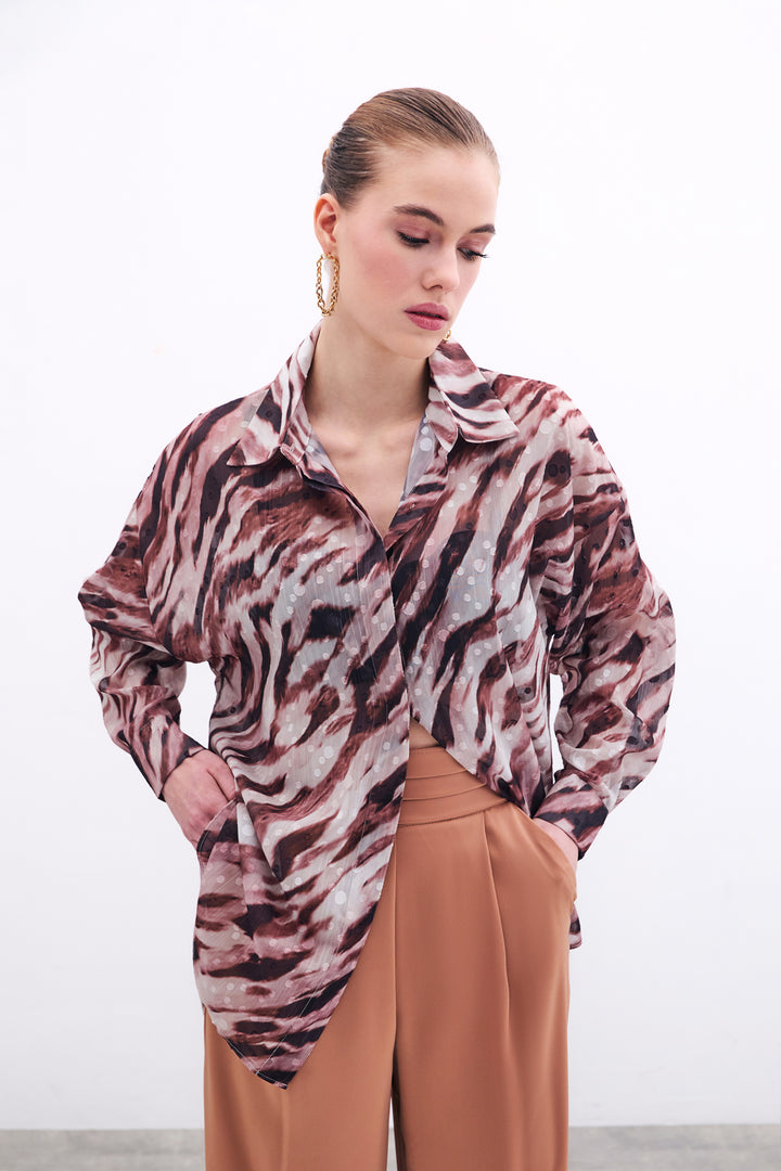 Sateen Chemise Ample Imprimée - Marron
