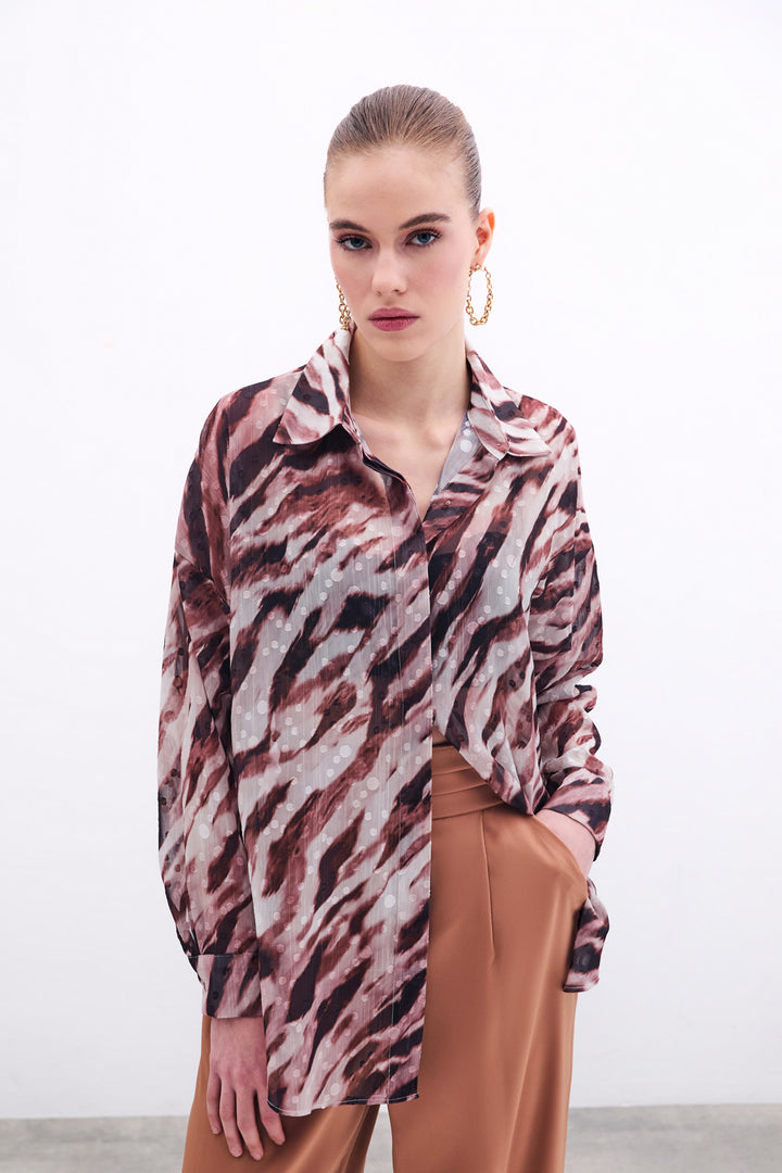 Sateen Chemise Ample Imprimée - Marron