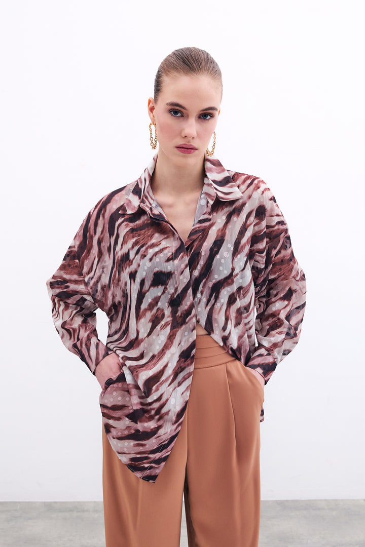 Sateen Chemise Ample Imprimée - Marron