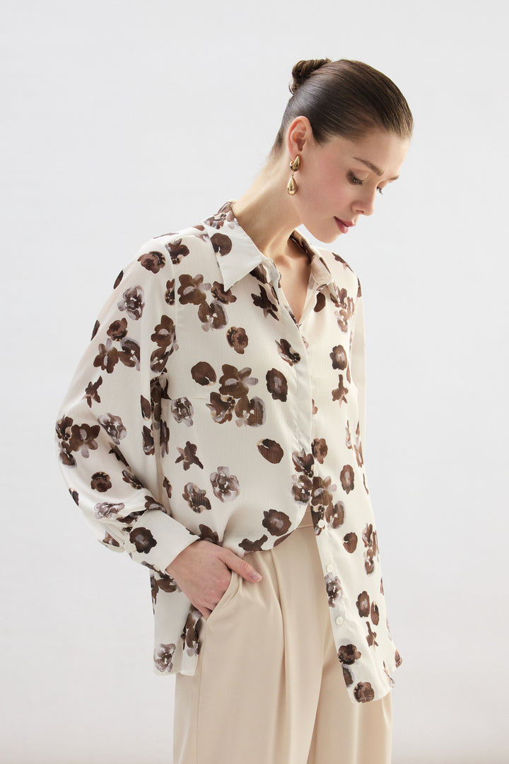 Sateen Chemise ample à motifs - Marron