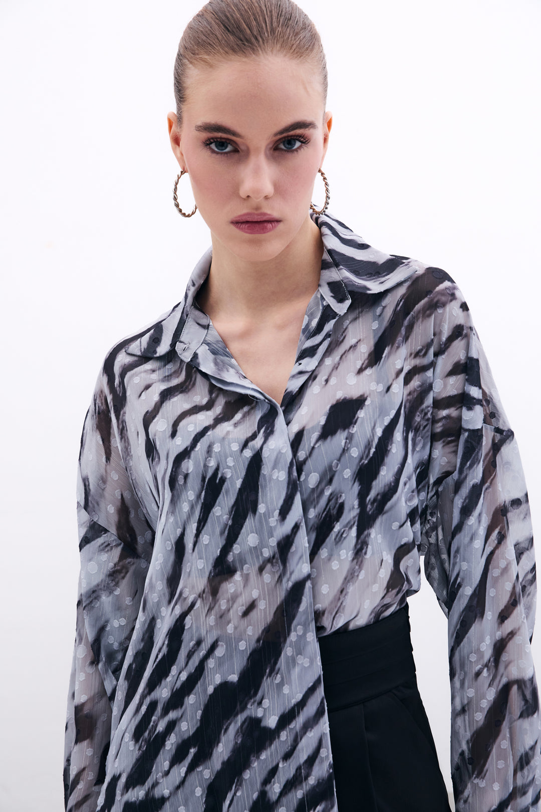 Sateen Chemise Ample Imprimée - Noir