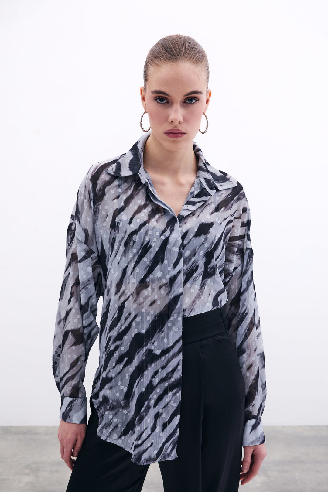 Sateen Chemise Ample Imprimée - Noir
