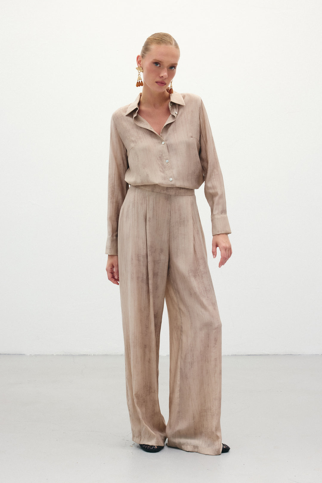 Sateen Pantalon ample à motifs - Beige