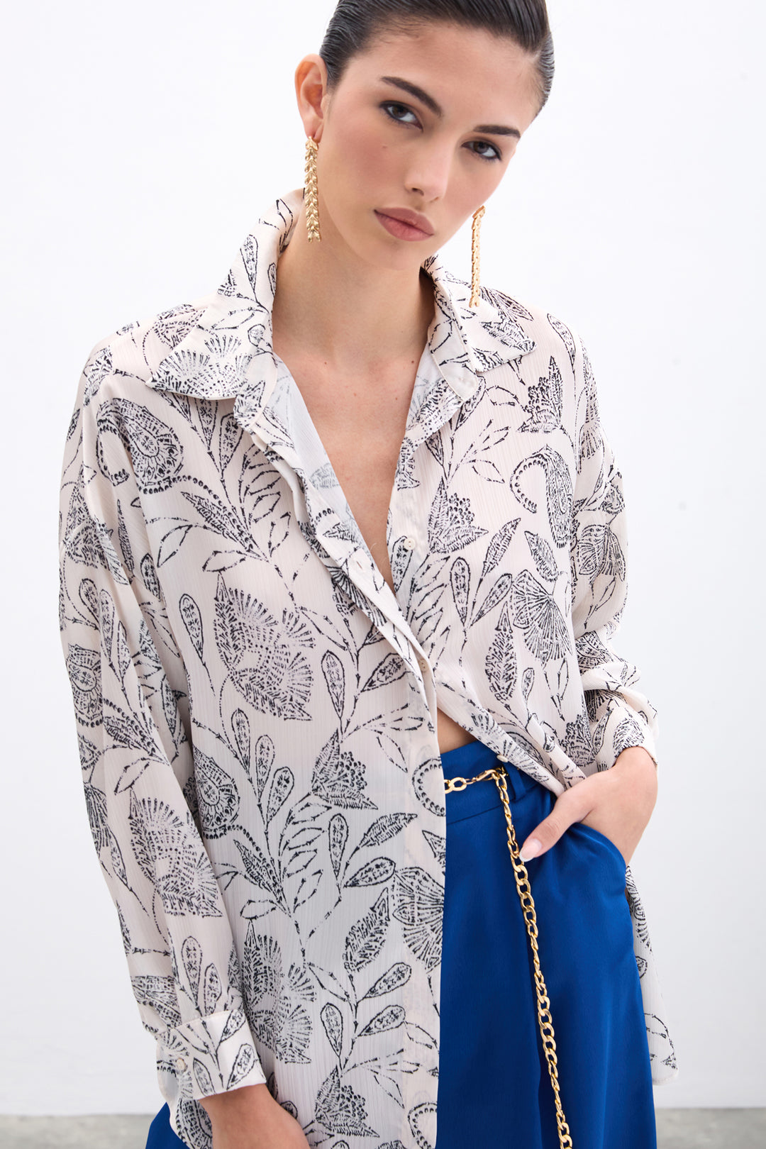 Sateen Chemisier en Satin à Motifs - Écru