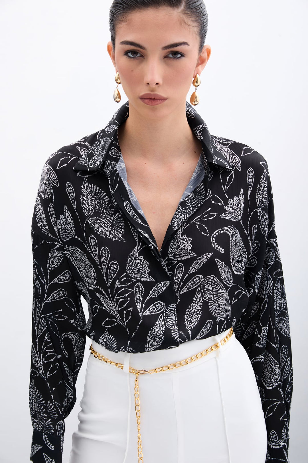Sateen Chemisier en Satin à Motifs - Noir