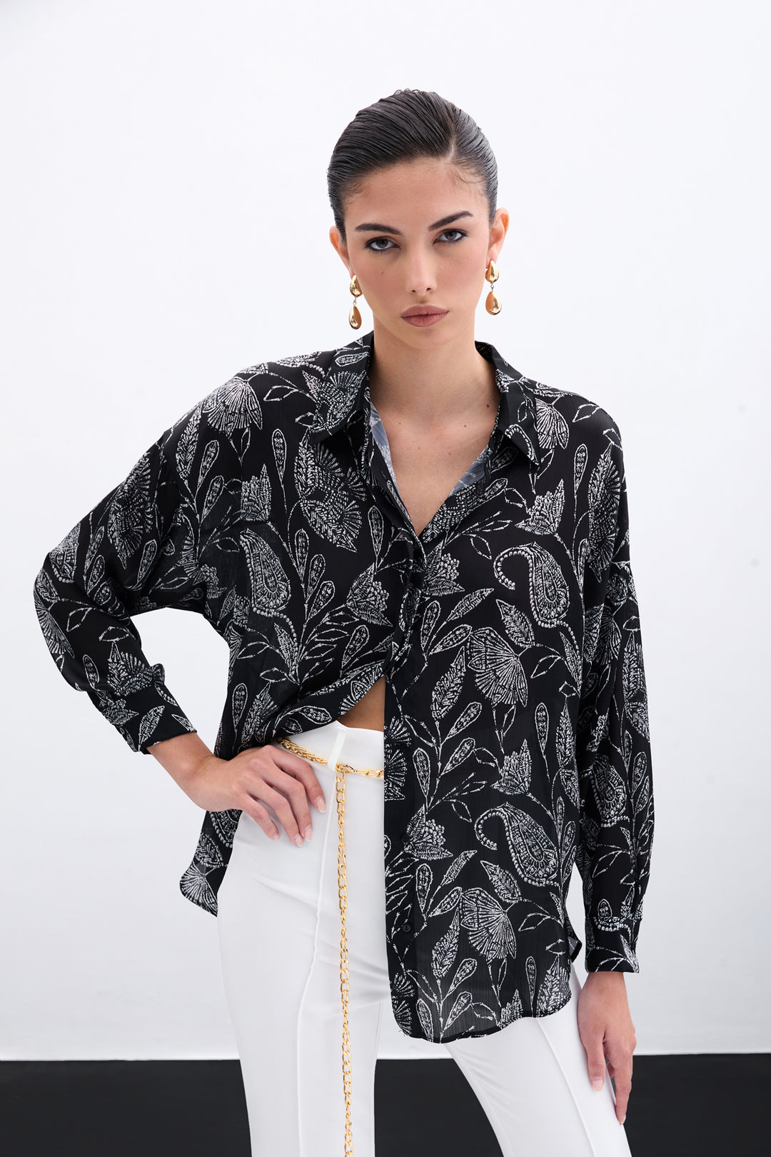 Sateen Chemisier en Satin à Motifs - Noir