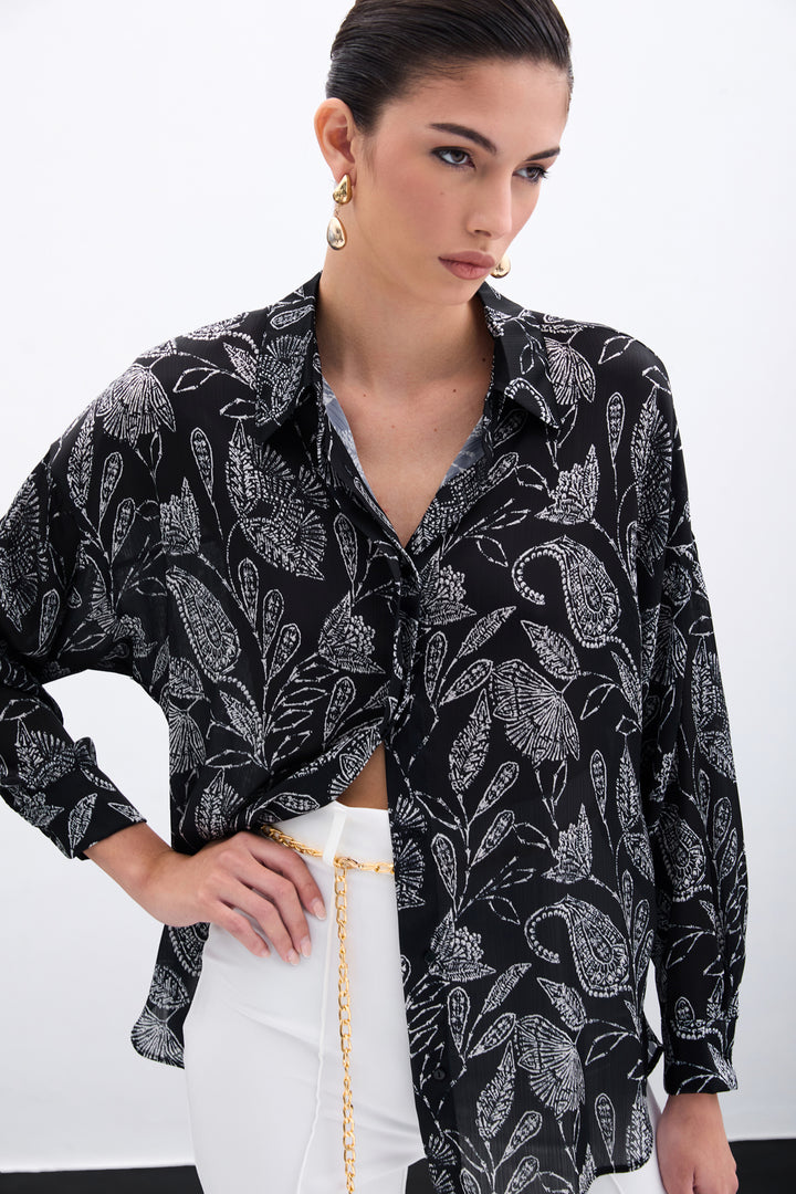 Sateen Chemisier en Satin à Motifs - Noir