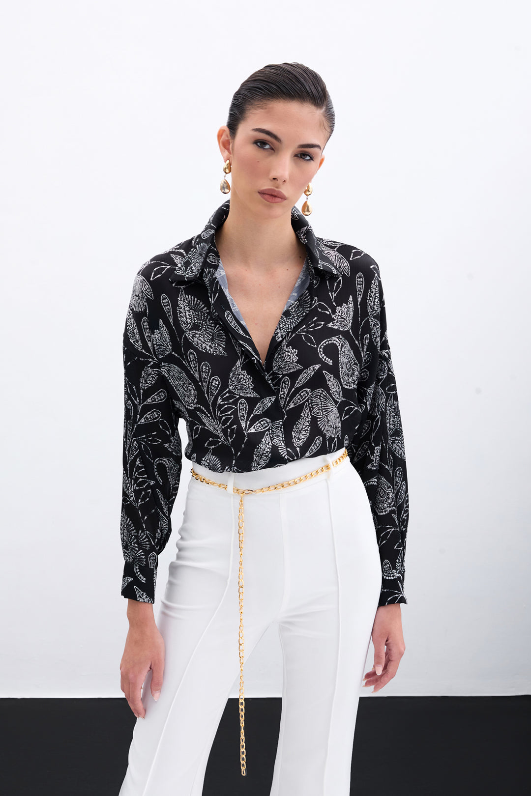 Sateen Chemisier en Satin à Motifs - Noir