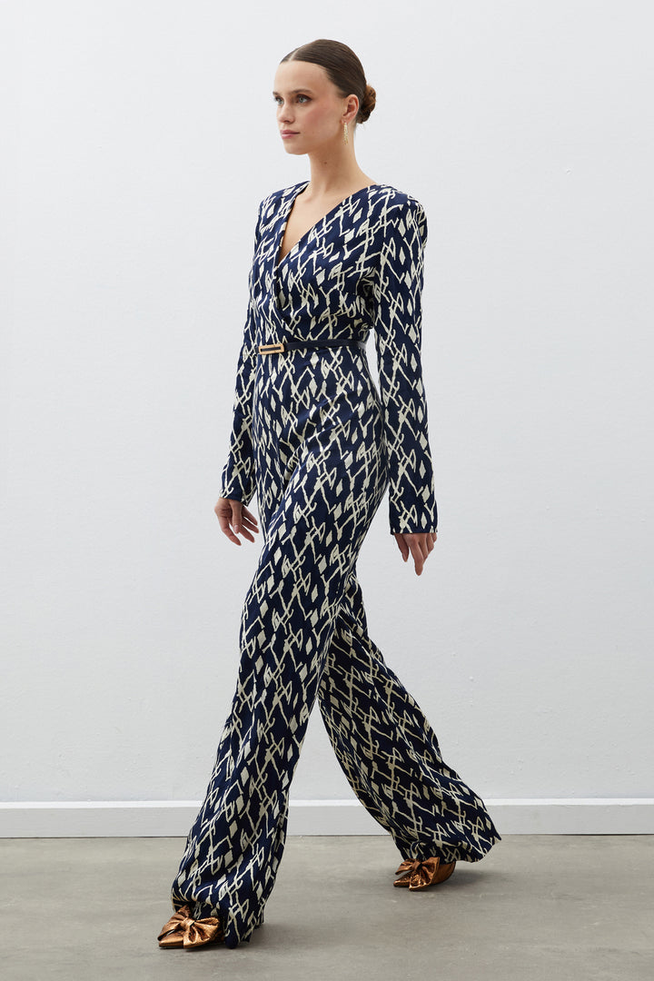 Sateen Combinaison Imprimée en Satin - Bleu marine