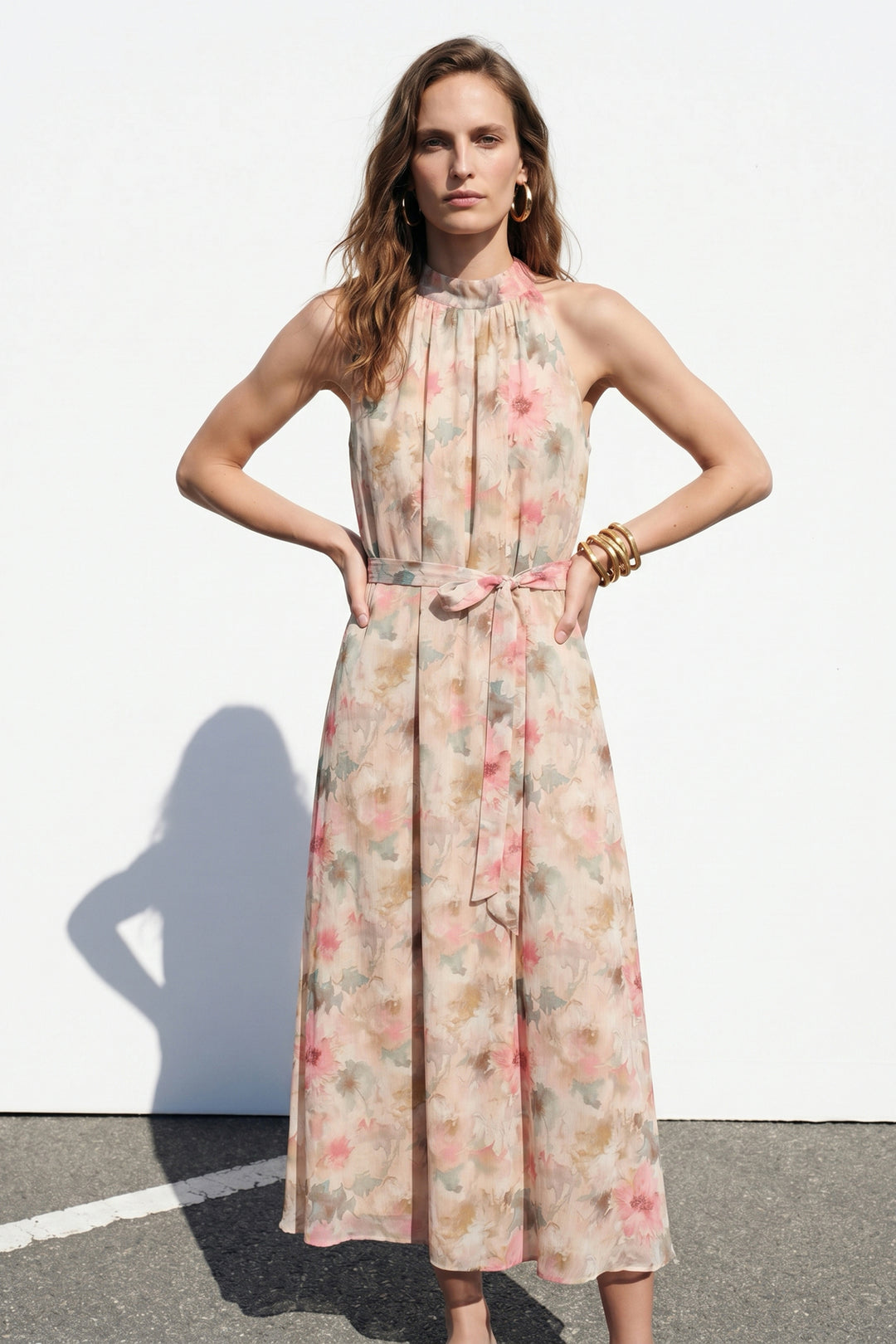 Sateen Robe longue à motifs - Rose