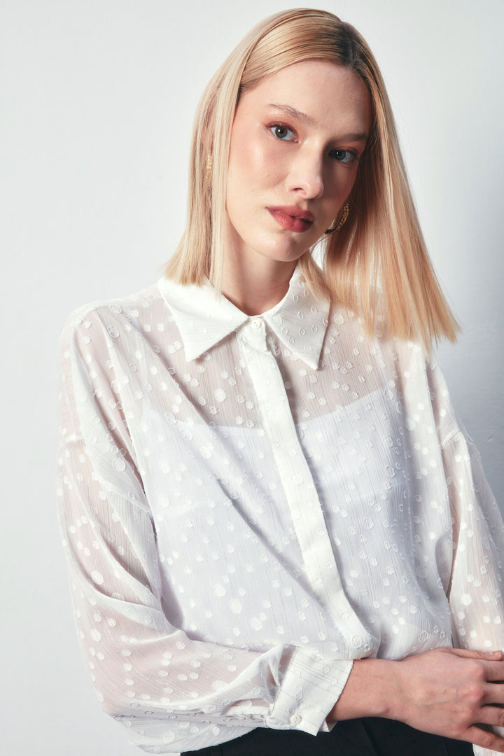 Sateen Chemise Longue Imprimée - Écru