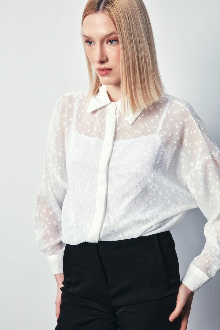Sateen Chemise Longue Imprimée - Écru