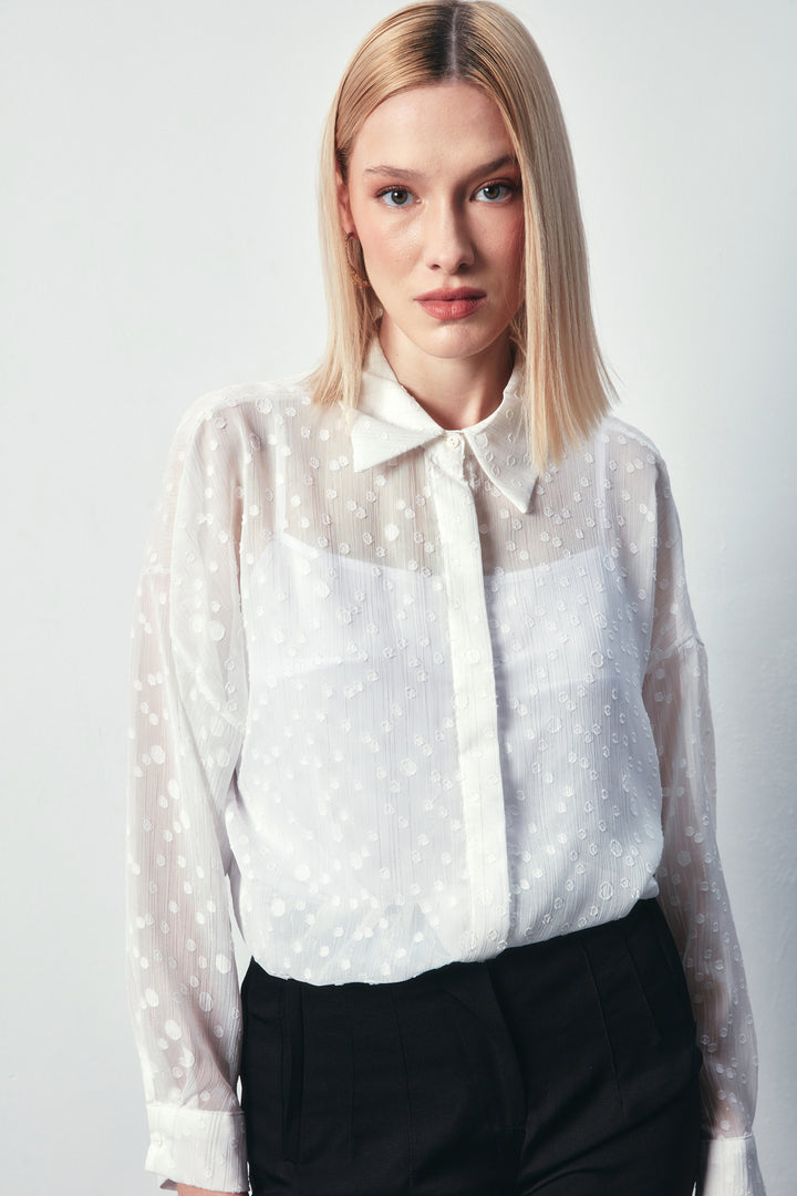 Sateen Chemise Longue Imprimée - Écru