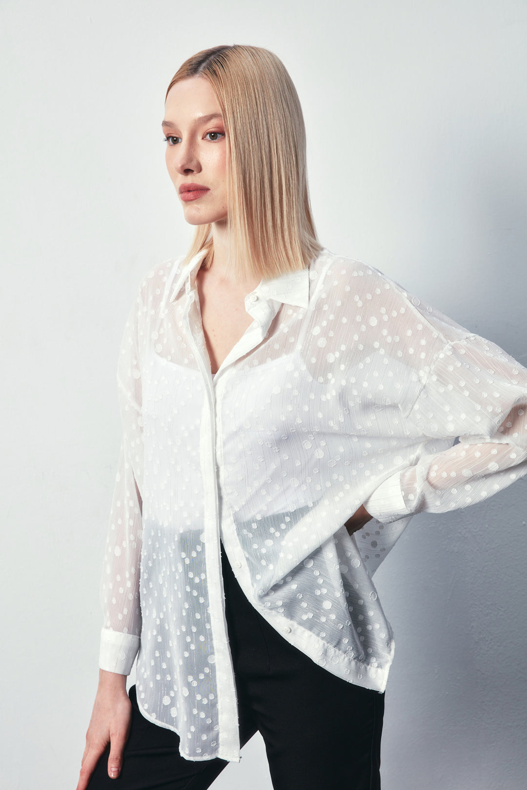 Sateen Chemise Longue Imprimée - Écru