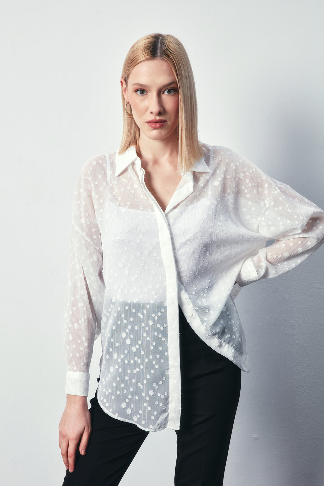 Sateen Chemise Longue Imprimée - Écru