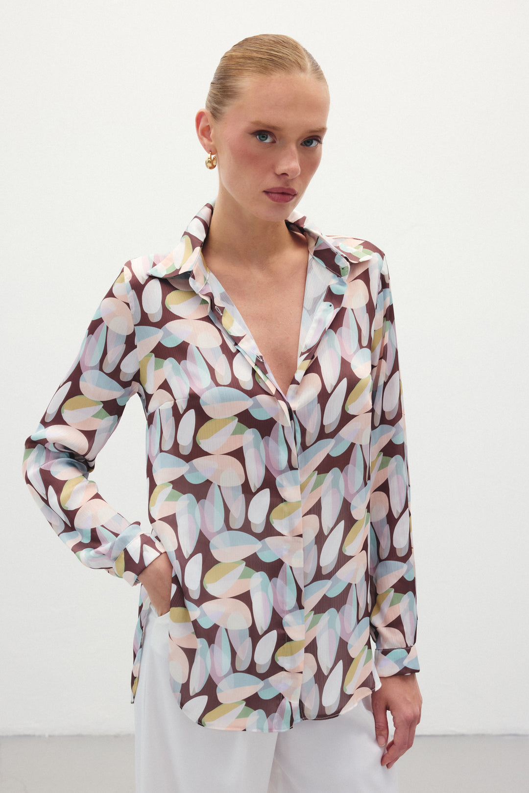 Sateen Chemise Longue Imprimée - Marron