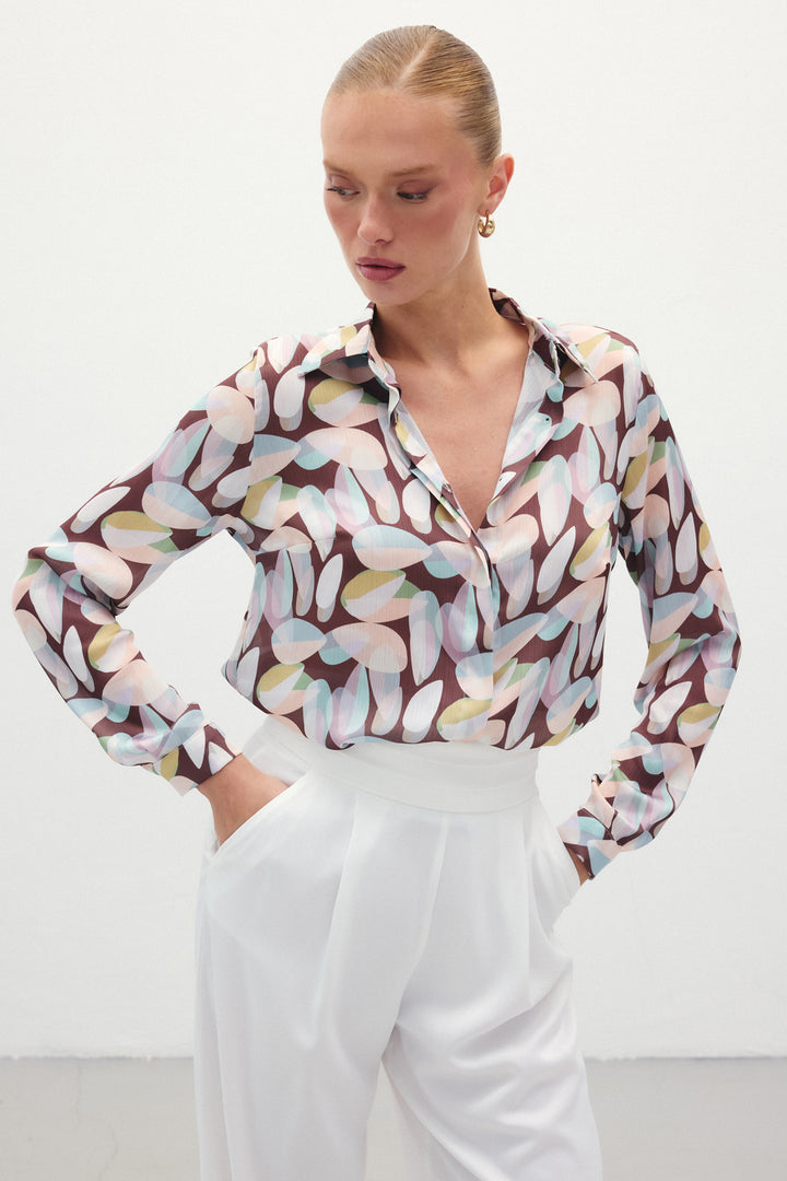 Sateen Chemise Longue Imprimée - Marron