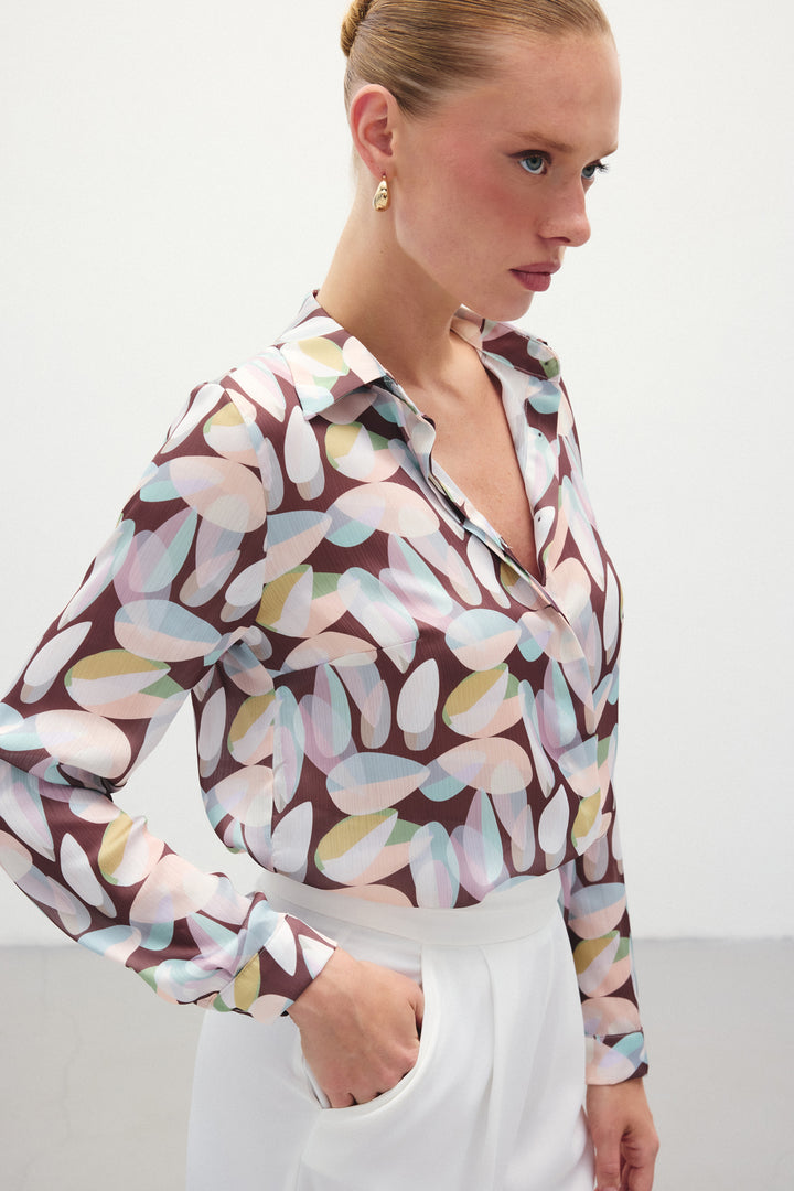 Sateen Chemise Longue Imprimée - Marron