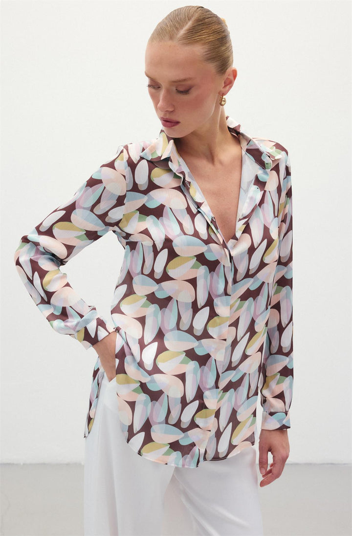Sateen Chemise Longue Imprimée - Marron