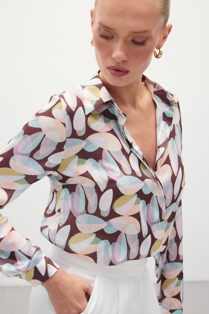 Sateen Chemise Longue Imprimée - Marron