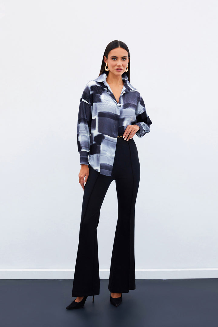 Sateen Chemise Longue à Motifs - Noir