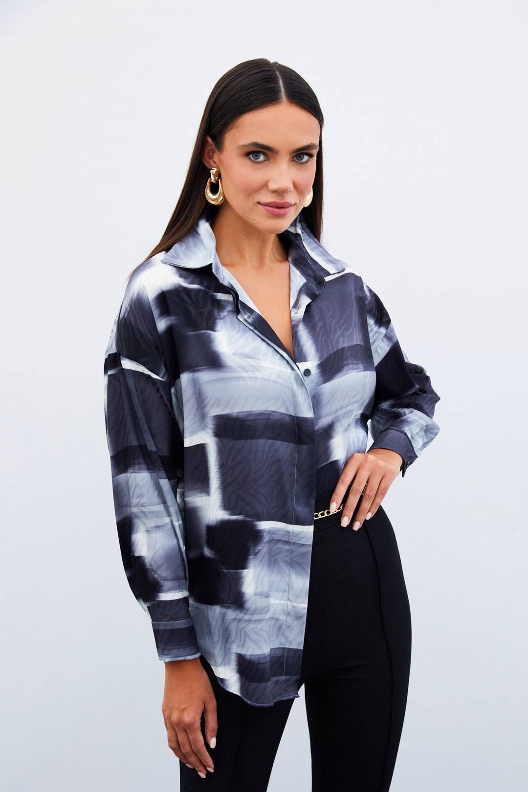 Sateen Chemise Longue à Motifs - Noir