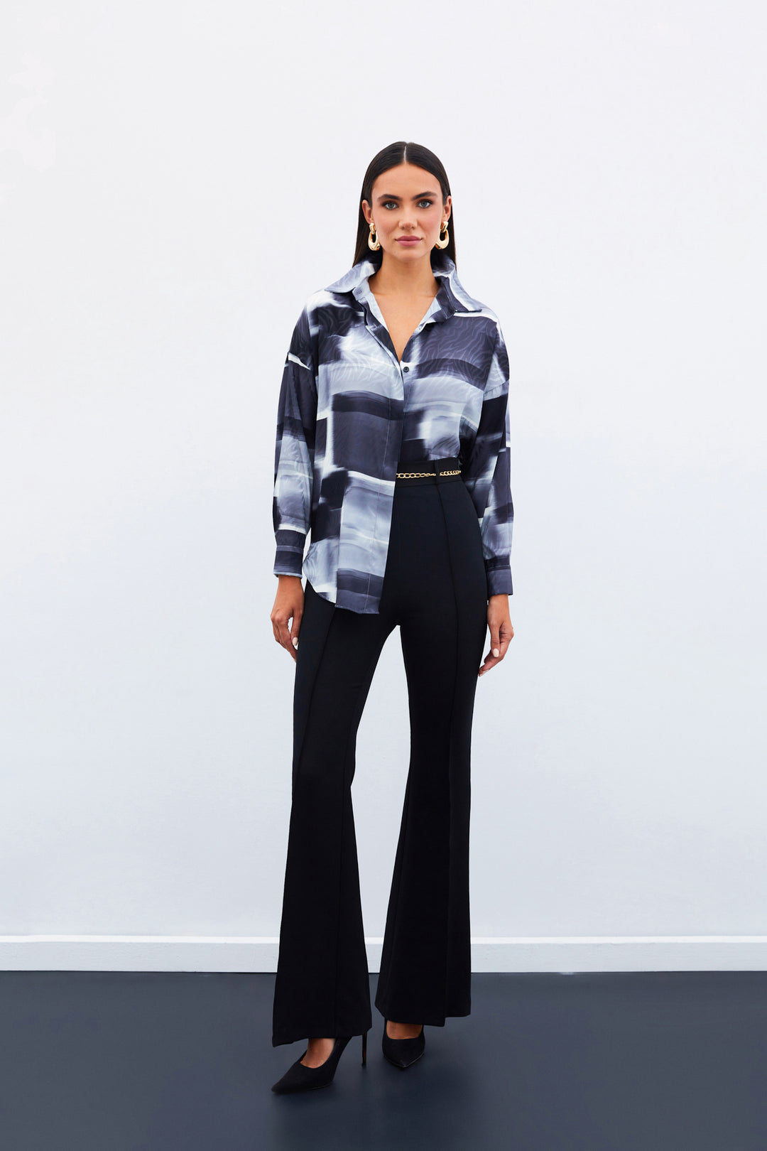 Sateen Chemise Longue à Motifs - Noir