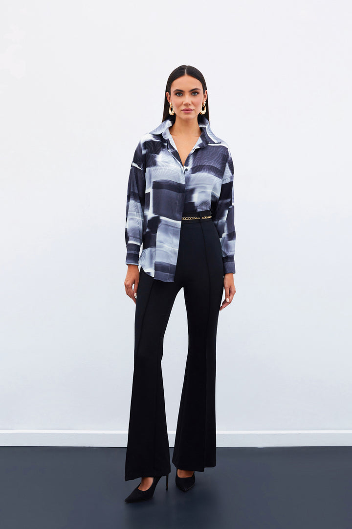 Sateen Chemise Longue à Motifs - Noir