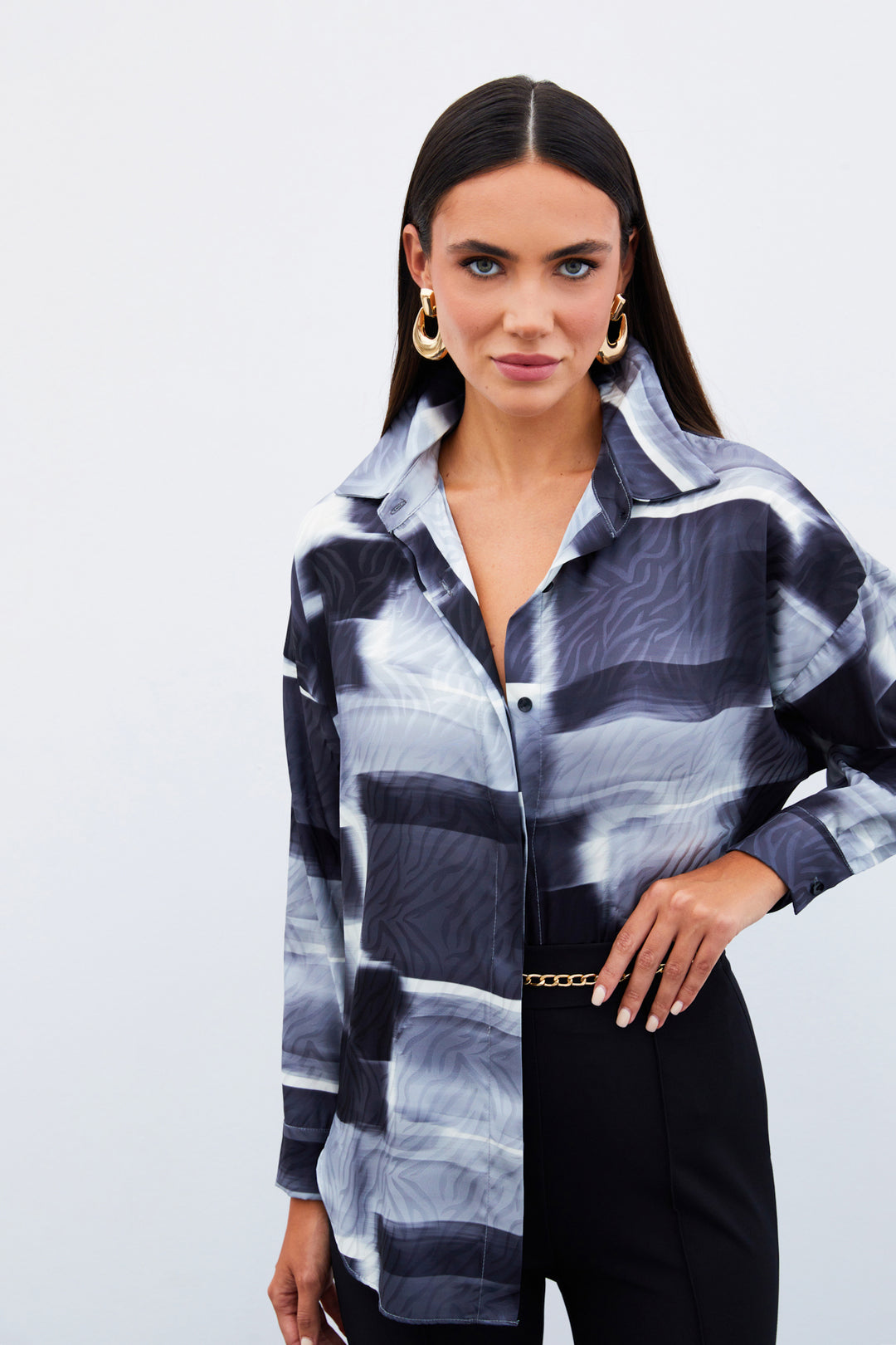 Sateen Chemise Longue à Motifs - Noir