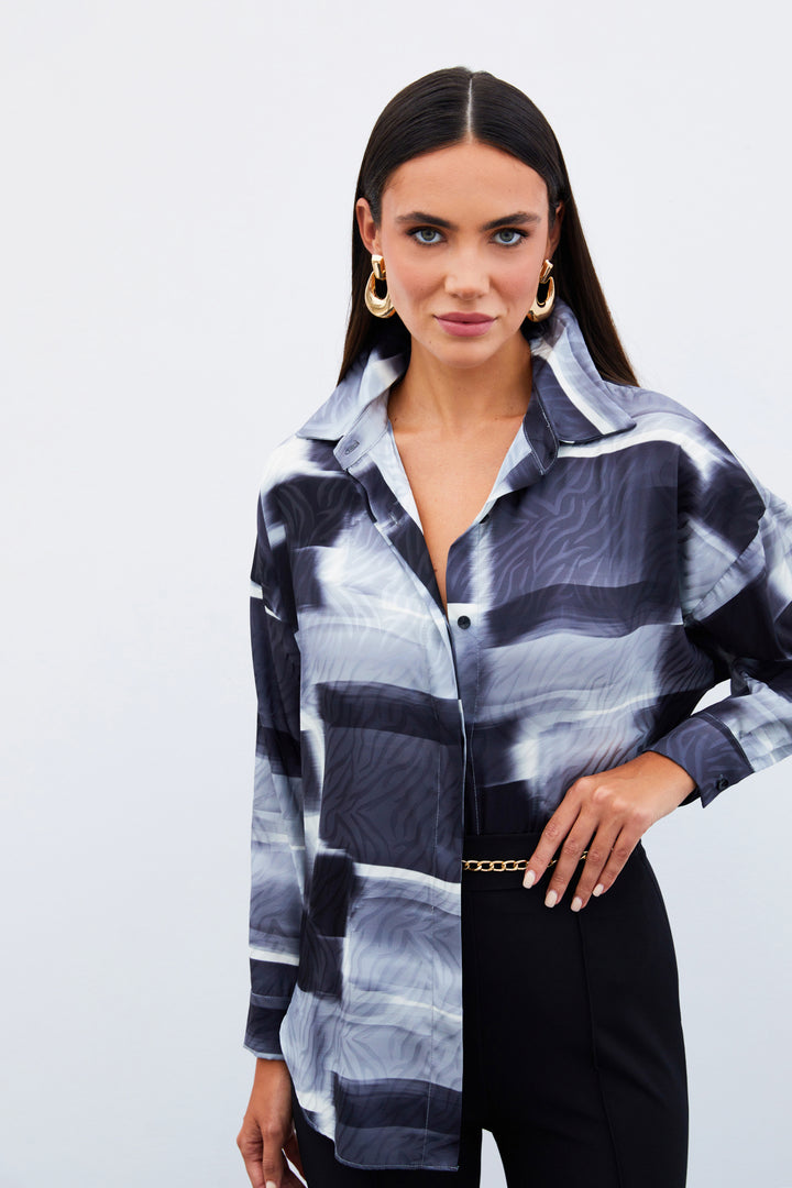 Sateen Chemise Longue à Motifs - Noir