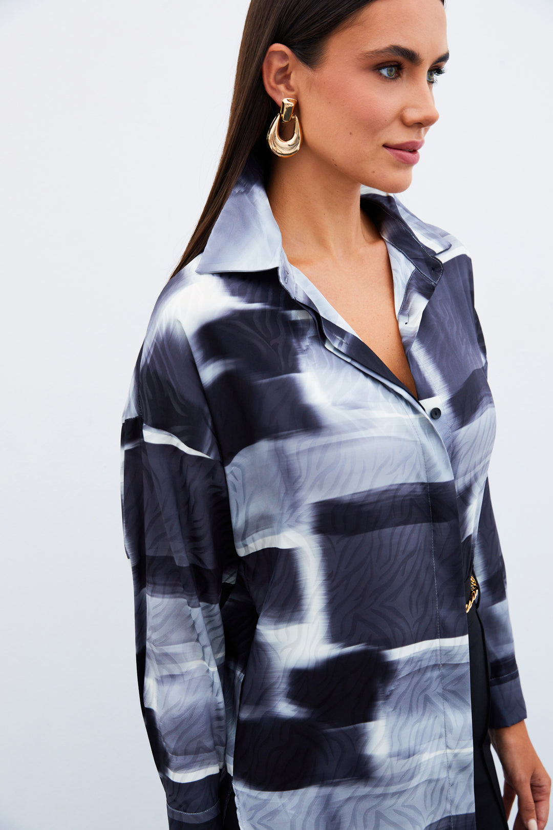 Sateen Chemise Longue à Motifs - Noir