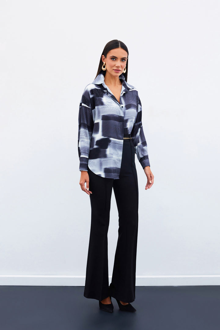 Sateen Chemise Longue à Motifs - Noir