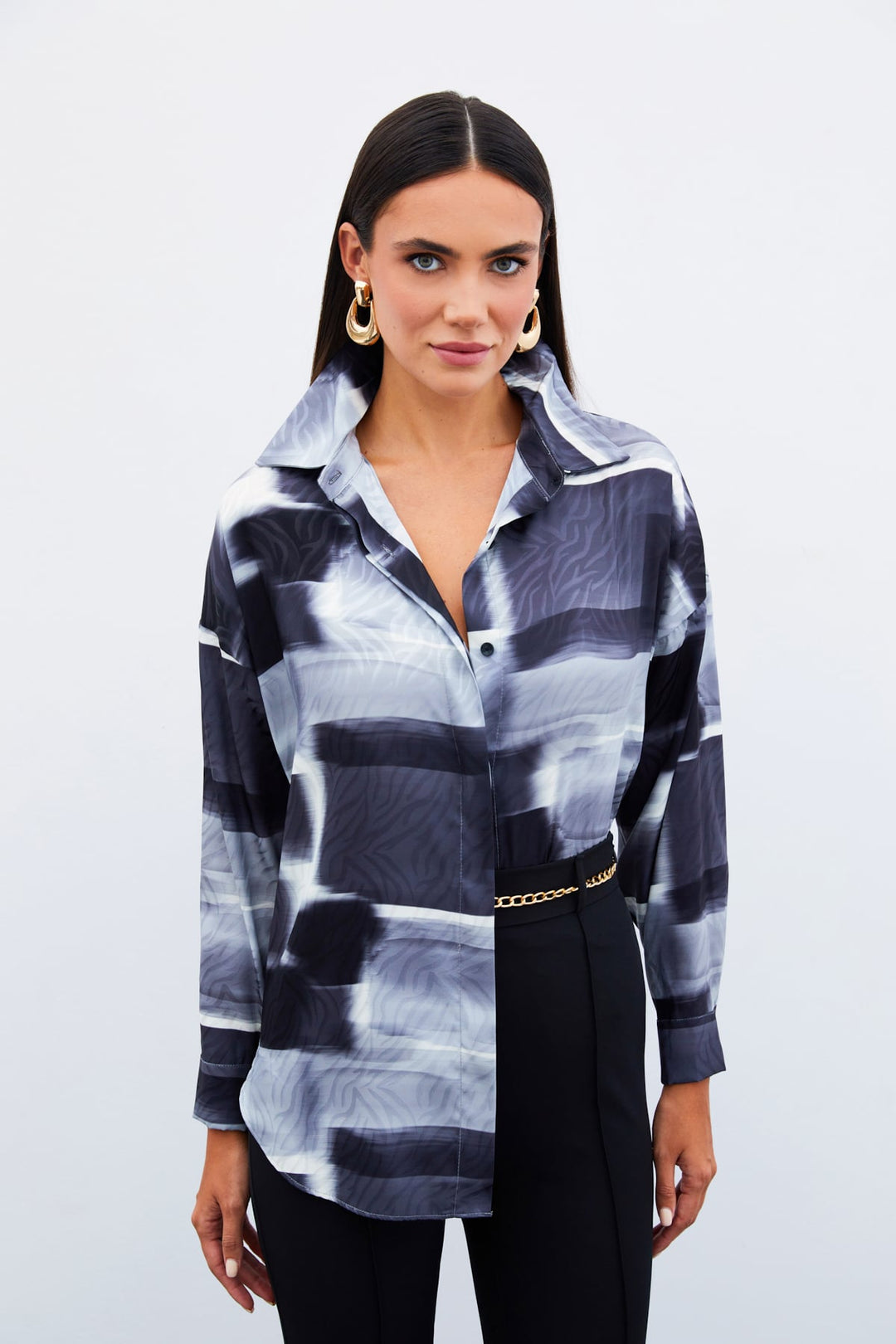 Sateen Chemise Longue à Motifs - Noir