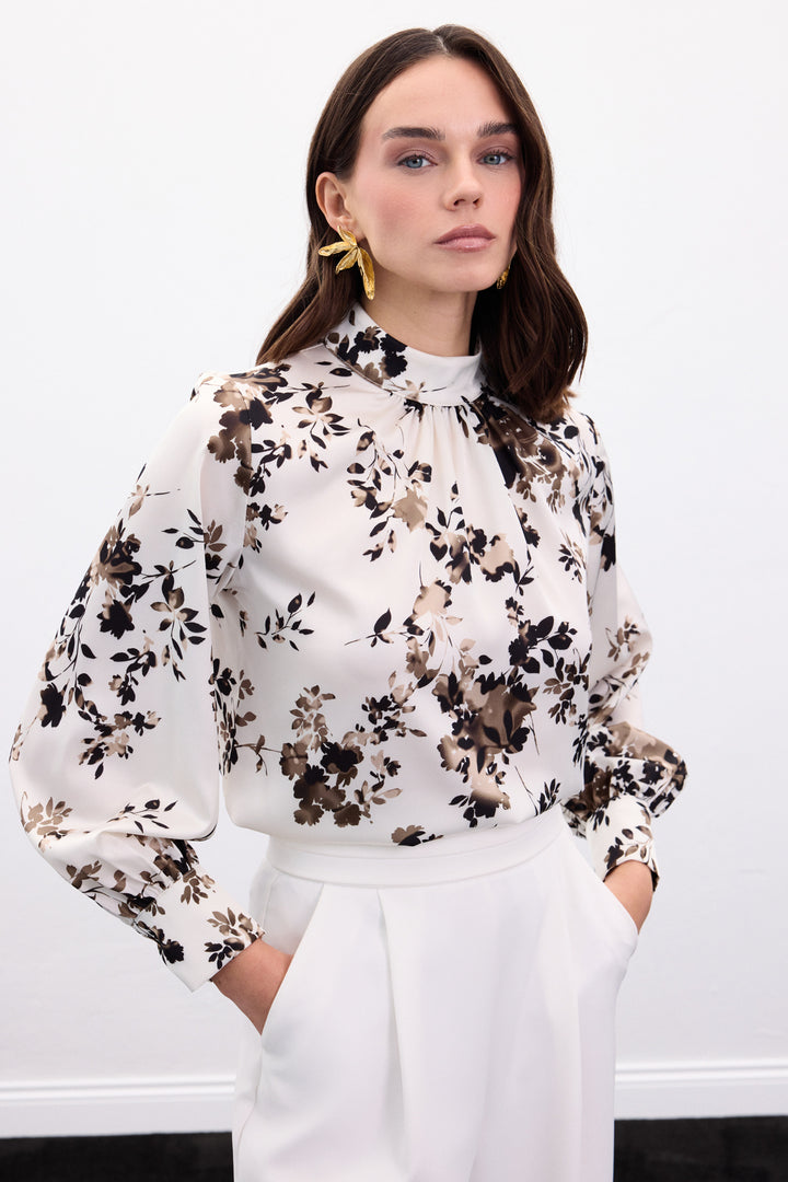 Sateen Blouse Col Montant - Kaki