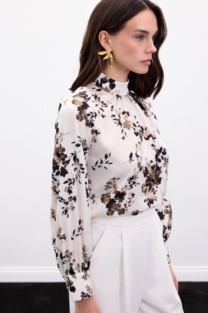Sateen Blouse Col Montant - Kaki