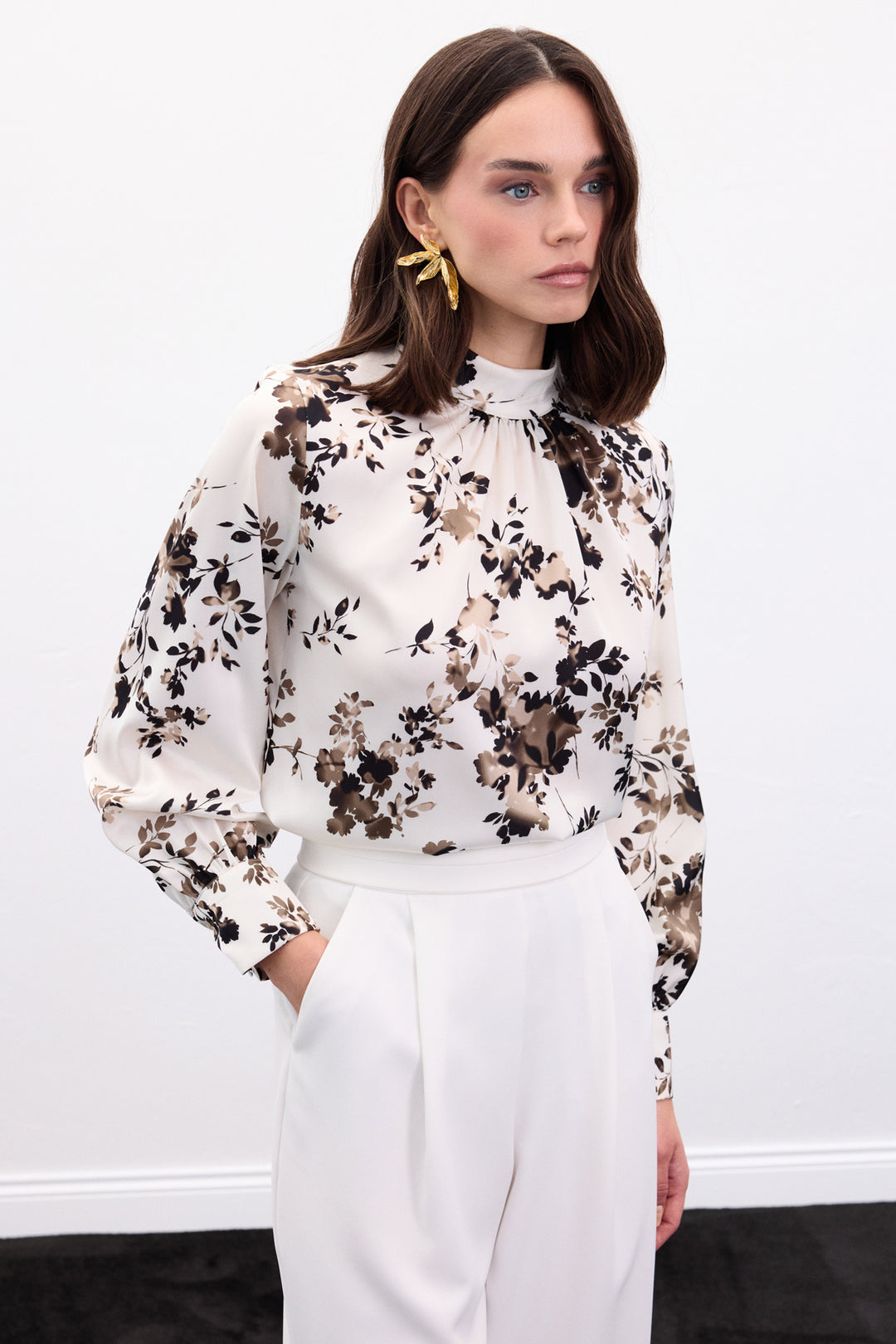 Sateen Blouse Col Montant - Kaki