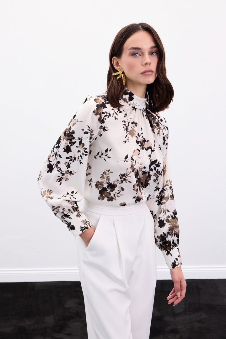 Sateen Blouse Col Montant - Kaki