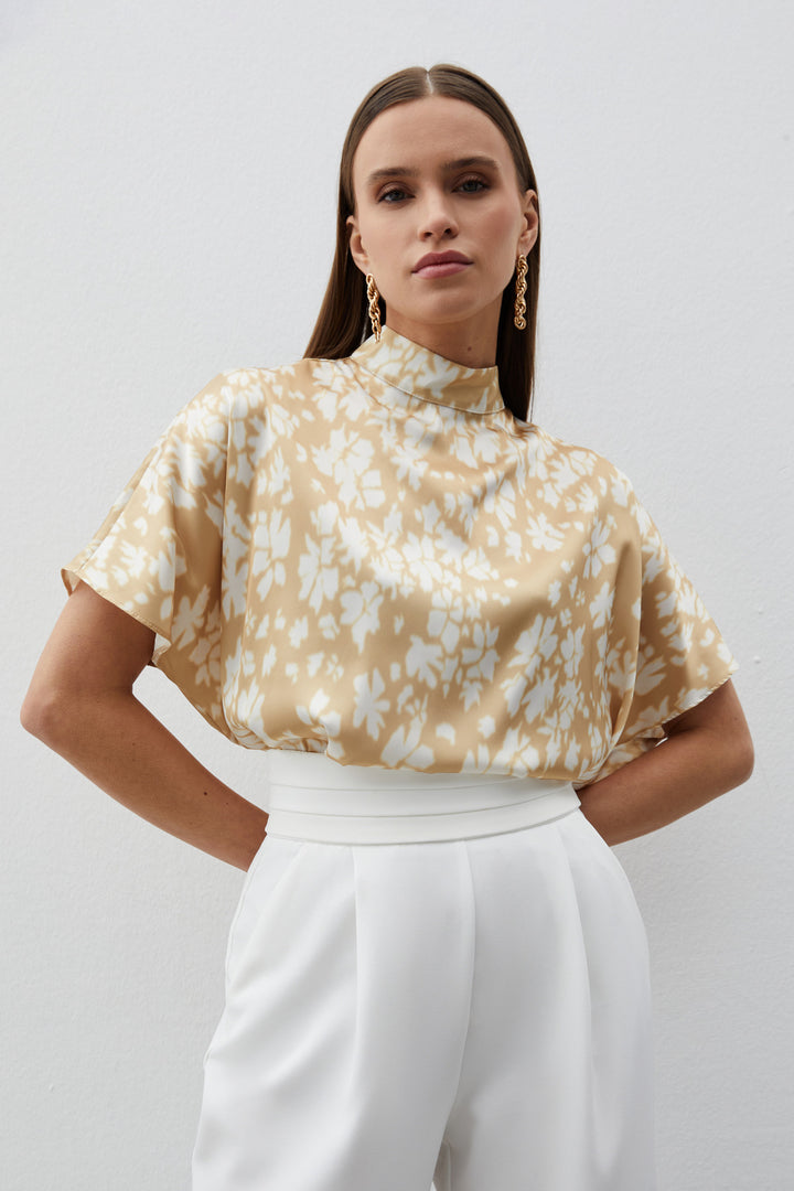 Sateen Blouse ample à motifs col montant - Marron