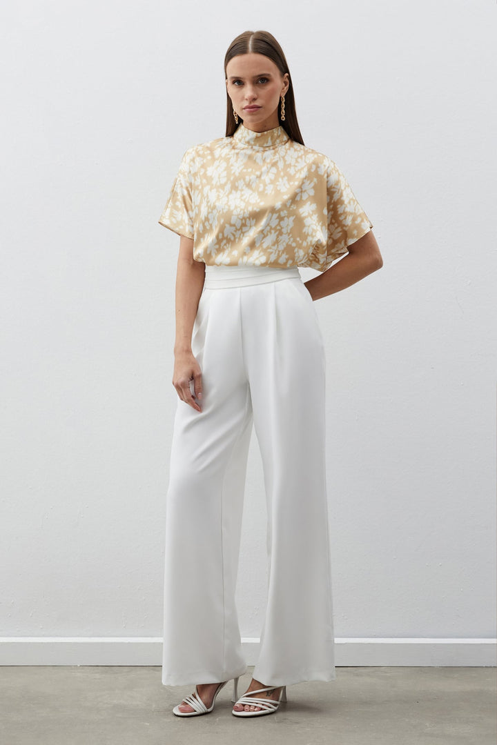 Sateen Blouse ample à motifs col montant - Marron