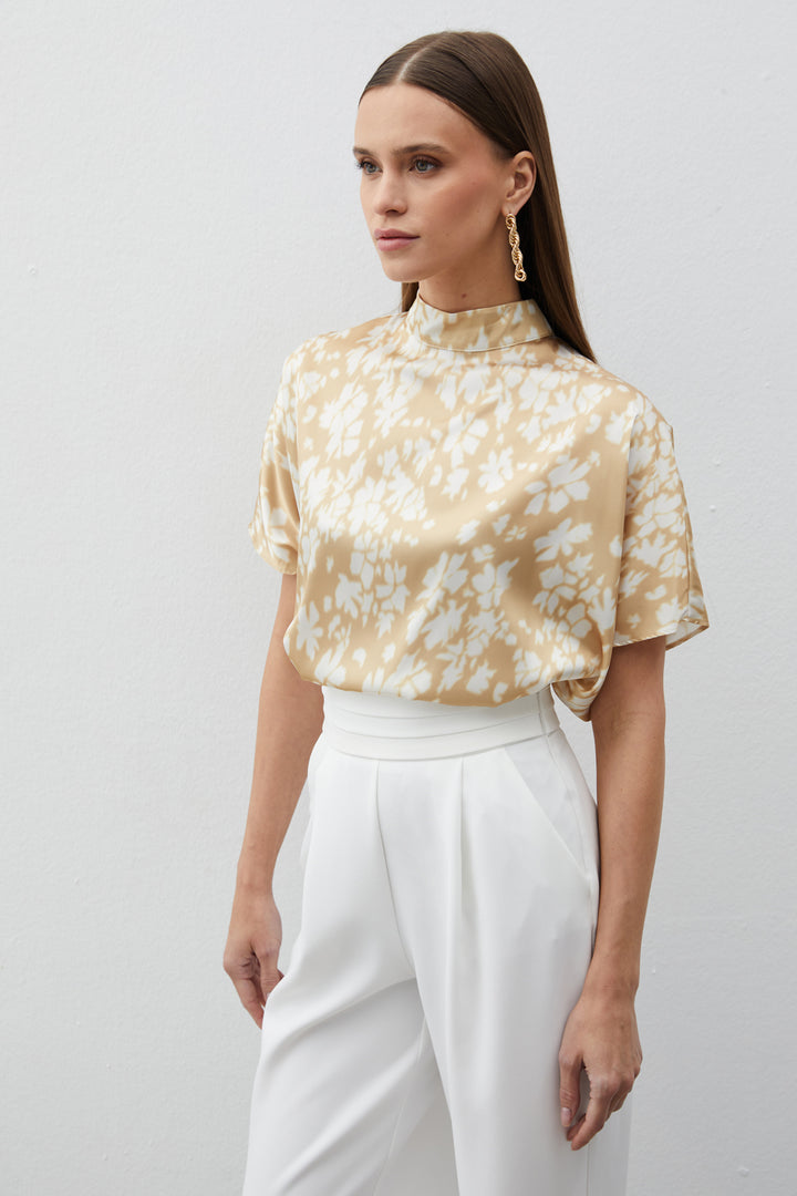 Sateen Blouse ample à motifs col montant - Marron