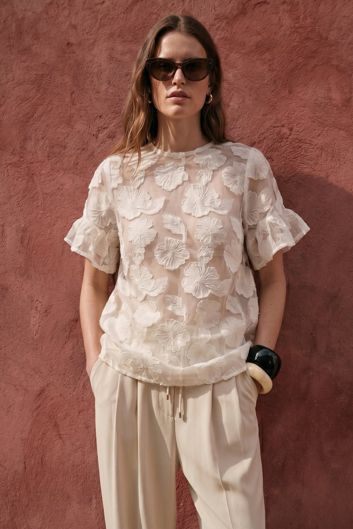 Sateen Blouse à manches courtes texturée - Beige