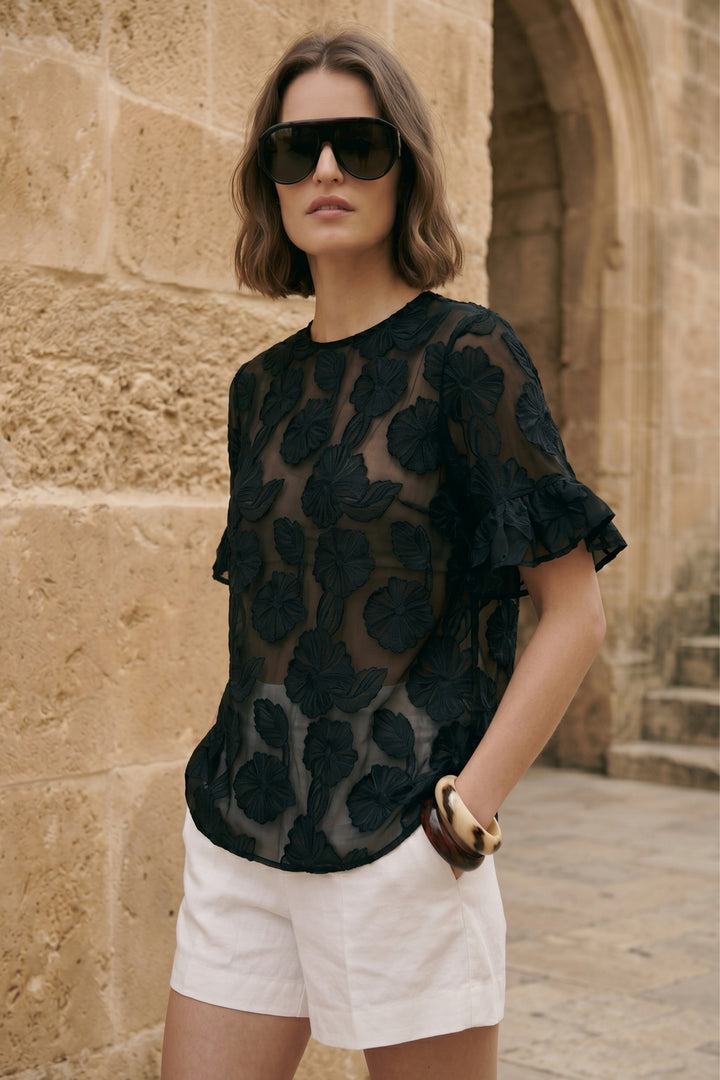 Sateen Blouse à manches courtes texturée - Noir