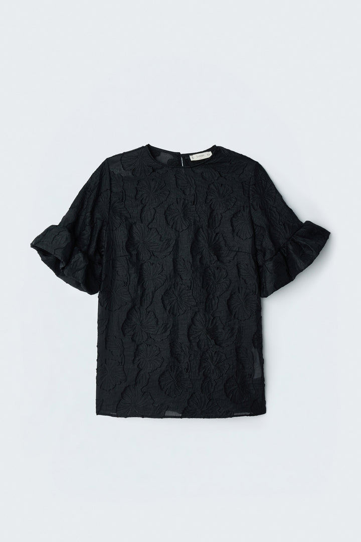 Sateen Blouse à manches courtes texturée - Noir